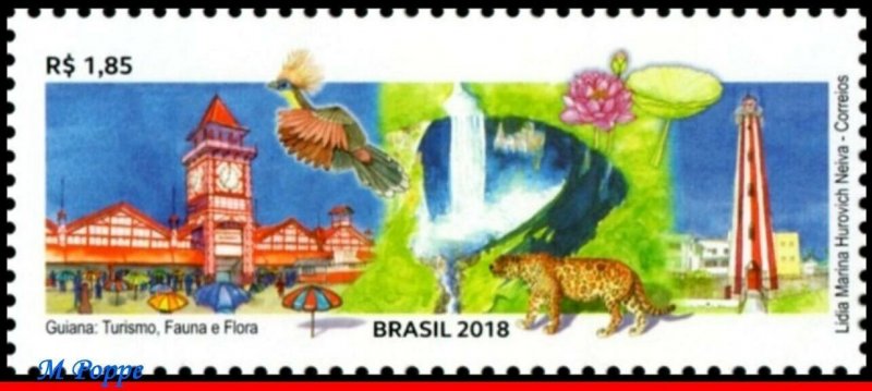 3391 BRAZIL 2018 RELATION GUYANA, TOURISM, BIRDS, LIGHTHOUSE, CATS, SHEET MNH