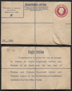 RP40 KGV 4 1/2d Puce Registered Envelope Size F Foreign and Colonial on Back  M