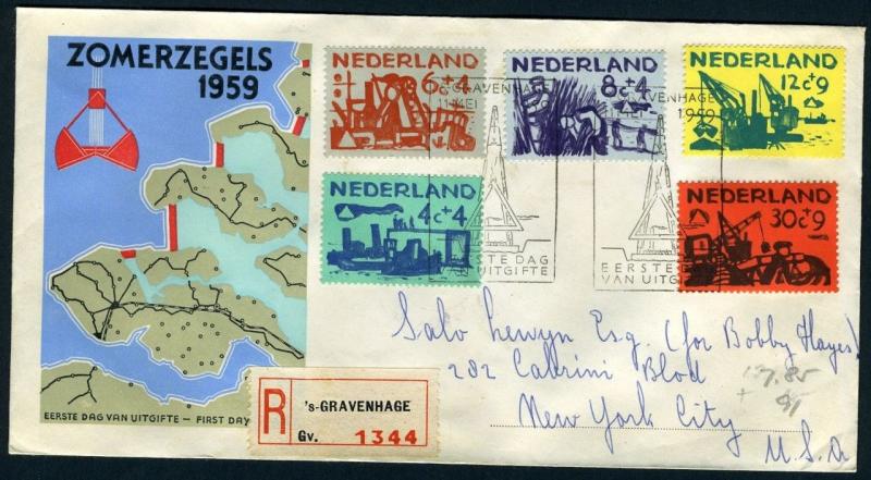NETHERLANDS NVPH# E38 REGISTERED FDC 1959 TO NEW YORK 5/28/1959 PORTS