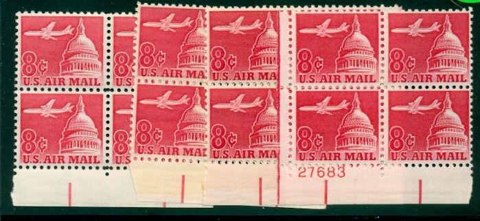 US #C64 C64a 8¢ Airmails, Plate Number Blocks of 4 vars