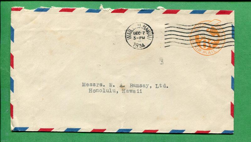 Hawaii Air Mail Cover 1934 Wailuku to Honolulu 6 Cent Postal Stationary S8454