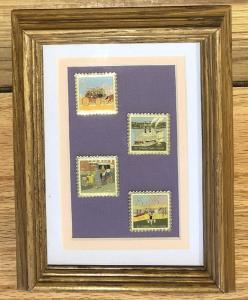 4 Classic Mail Transporataion Stamp Pins Under Glass in a Wood Frame