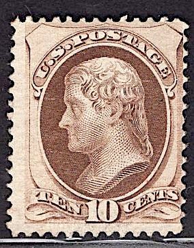 US Stamp #187 10c Brown Jefferson USED SCV $40. Barely cancelled.