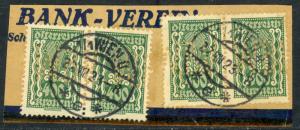AUSTRIA 1922-24 400h Symbols of Agriculture WBV PERFIN PAIRS on PIECE Sc 276 VFU