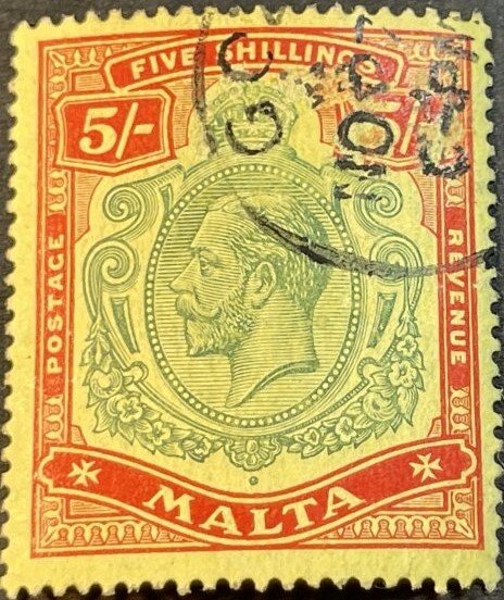 MALTA # 61-USED----SCARLET & GREEN ON YELLOW PAPER----1914-21