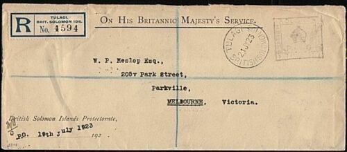 SOLOMON IS 1923 Official reg cover ex Tulagi, boxed Crown Paid.............18291 