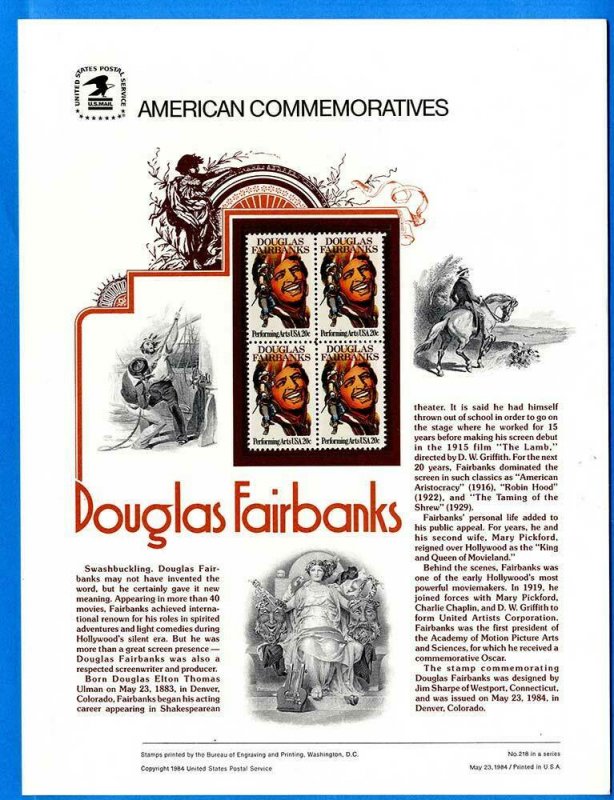 USPS COMMEMORATIVE PANEL #218 DOUGLAS FAIRBANKS #2088