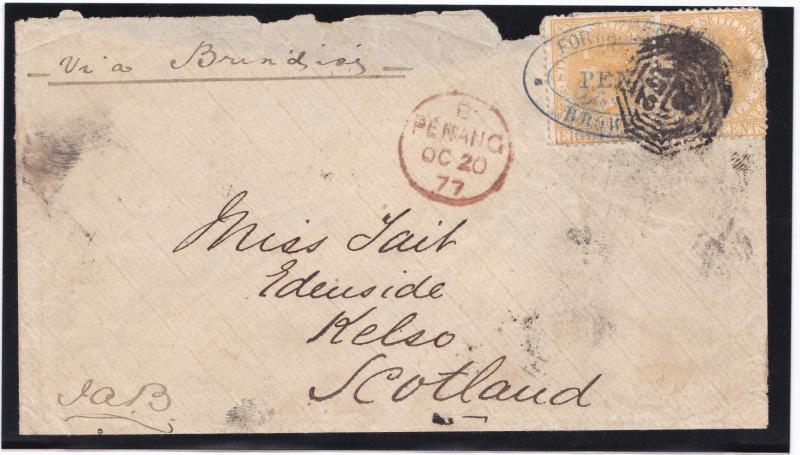 MALAYA STRAITS 1867 8C PAIR PENANG TO UK.RARE B172 POSTMARK MOVE FROM SINGAPORE