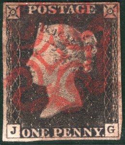GB PENNY INTENSE BLACK QV 1840 Stamp SG.1 1d Plate 2 (JG) Red MX Cat £525 REDB24