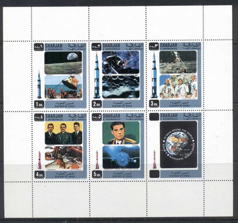 Sharjah 1970 Mi#696-700 History of Space Research MS MUH