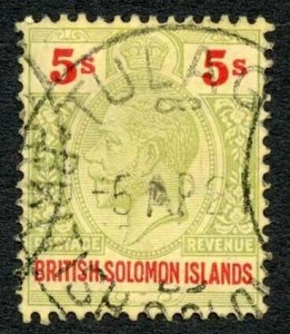 British Solomon Is SG36 5/- Green (FADED) and red/yellow Wmk MCA Cat 50 pounds