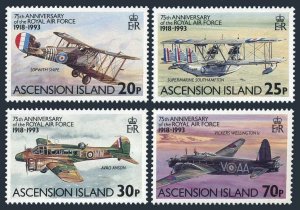 Ascension 557-560,561, MNH. Mi 602-605, Bl.24. Royal Air Force-75, 1993. Planes.