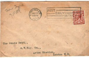 GB Cover Machine Cancel SLOGAN *POST EARLY IN THE DAY* Birmingham 1922 18.5 