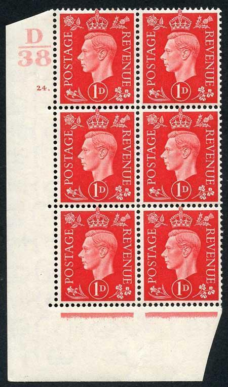 KGVI 1d Scarlet No Marginal Rule Cylinder D38 24 Dot Block U/M Ex Chartwell