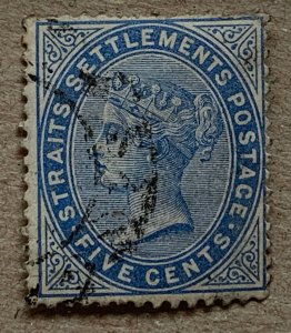 Straits Settlements 1883 5c ultra, used. Scott 45, CV $1.40. SG 65