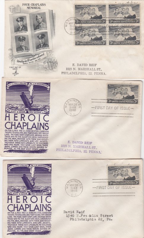 Scott # 956 Four Chaplains 9 First Day Covers Various Cachets