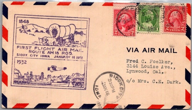 UNITED STATES POSTAL HISTORY CACHET FIRST FLIGHT COVER SIOUX CITY IOWA YR'1932 