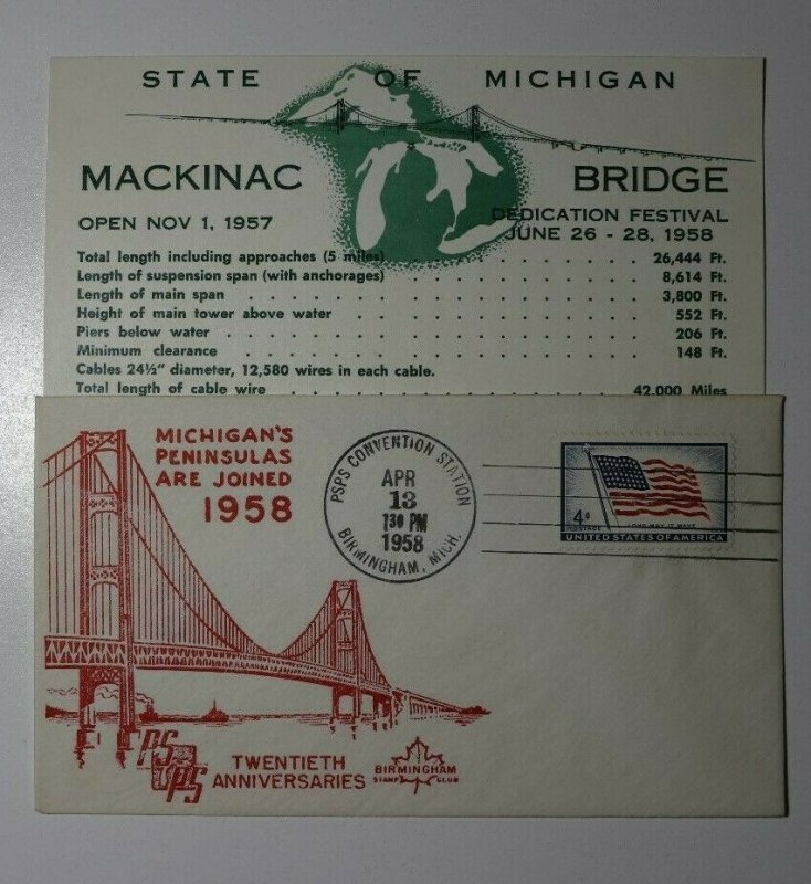 PSPS Mackinac Bridge Birmingham MI 1958 Philatelic Expo Cachet Cover