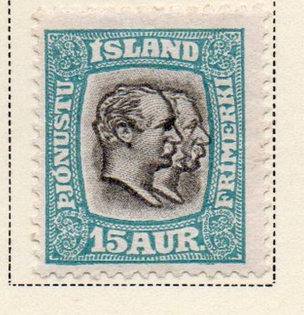 Iceland Sc  O39 1918 15 aur 2 Kings Official stamp mint perf 14