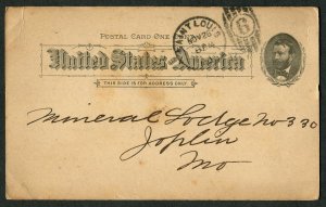1892 US Postal Card UX10 Grant St Louis to Joplin MO IOOF Grand Lodge Railroad