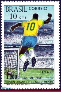 1144 BRAZIL 1969 - 1,000th GOAL BY PELE, SOCCER FOOTBALL, MI# 1238 C-658, MNH