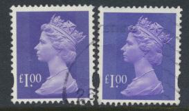 Great Britain SG Y1743 SC# MH279 Machin £1 Used x2  Bluish Violet see phosph...