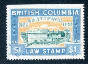 van Dam BCL49 - $1 blue - MNH VF - British Columbia Law Stamp - 1958 Centennial