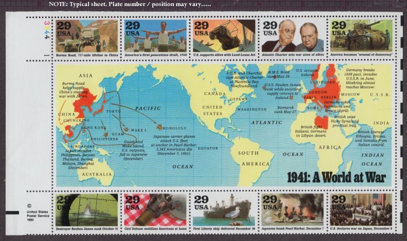 1991 WWII 1st Year Sc 2559a-j MNH pane of 10 World War II - Typical