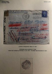 1941 London England Censored Cover To Prisoner Of War POW Crete Greece