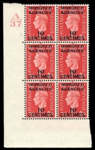 Morocco Agencies 1937 KGVI 10c on 1d Control A37 Cylinder 3 block VFM. SG 166.