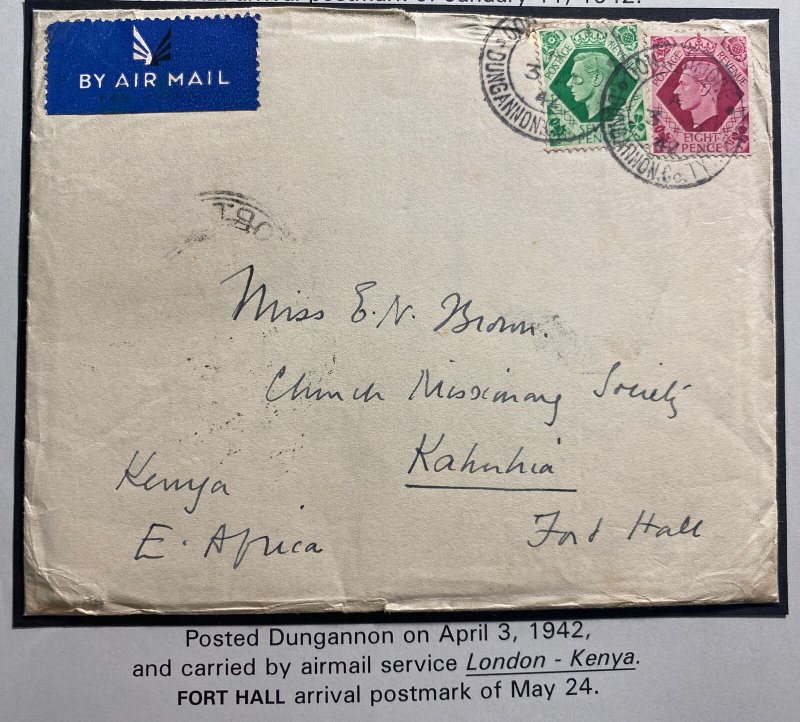 1942 Dungannon England Wartime Airmail Cover to Fort Hall Kenya With Letter 