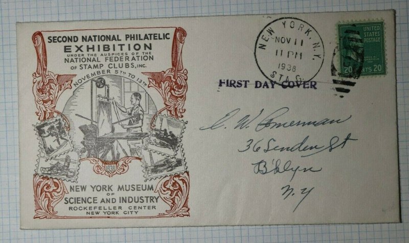 Natl Exhibition Museum Science NY Philatelic Expo Cachet 1938 FDC 2nd day 825