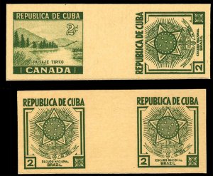 Cuba #342-343P, 1937 Brazil and Canada, 2c imperf. plate proofs on card, two ...