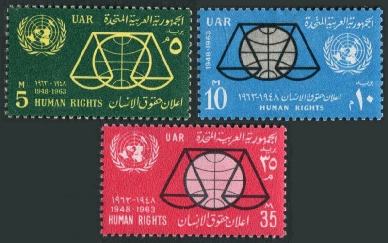Egypt 596-598,hinged.Mi UAR 185-187. Declaration of Human Rights,15th Ann.1963.