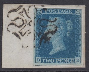 SG 14f 1841 2d blue plate 3 lettered BD. Very fine used on small piece tied...