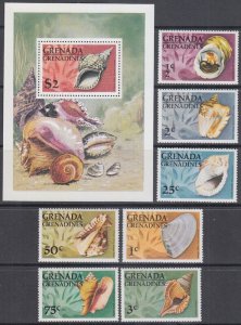 GRENADA GRENADINES Sc #137-44 CPL SET of 7 + S/S of SEA SHELLS