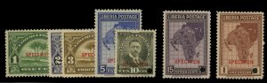 Liberia #230-236S, 1928 1c-$1, set of seven, overprinted Specimen in red with...