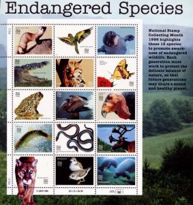 1996 32c Endangered Species, Souvenir Sheet of 15 Scott 3105 Mint F/VF NH