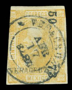MEXICO 1872  Hidalgo  50c yellow  - VERACRUZ - 50  73 consg. Scott # 96 used