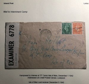 1942 Hampstead England Censored Cover To Isle Of Man P Internment Camp