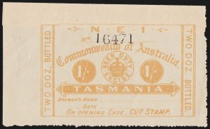 TASMANIA Beer Duty 1903 Crown 1/- yellow NEI 2 Dozen Bottled, smaller size. Rare