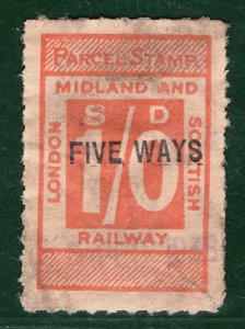 GB LM&SR RAILWAY Parcel Stamp 1s Birmingham *FIVE WAYS* Station Used YOW73