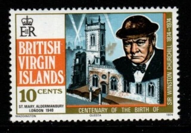 BRITISH VIRGIN ISLANDS SG322w 1974 CHURCHILL 10c WMK CROWN TO RIGHT OF CA MNH