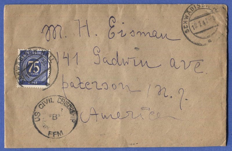 GERMANY 1947 Scarce U.N. UNRRA Team 512 - Schwabisch Gmuend cover to USA