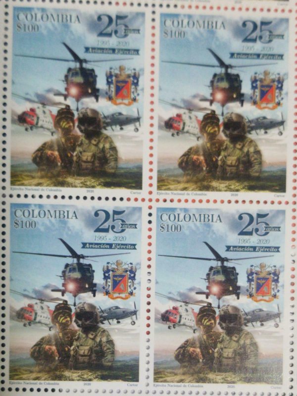 A) 2020, COLOMBIA, AVIATION ARMY, 25 YEARS, NATIONAL ARMY, MINISHEET OF 4