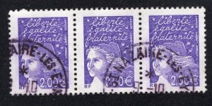 France 2002 2.00 Euro Marianne Strip of 3, Scott 2863 used, value = $4.50