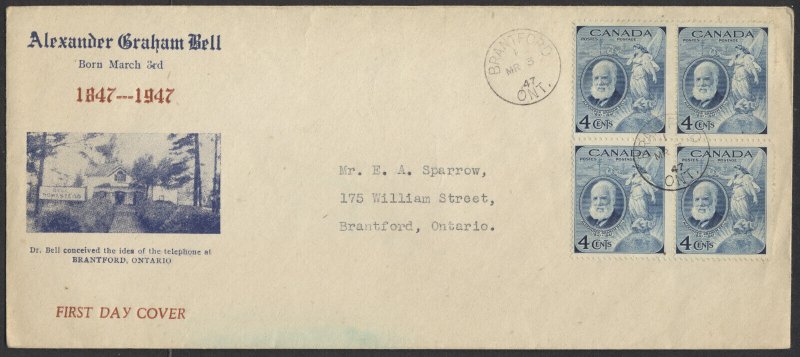 1947 #274 Alexander Graham Bell FDC Block #10 Size Cover Brantford Ont CDS