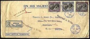 DOMINICA 1926 Registered OHMS cover to USA, 'Return to Writer'............96465W