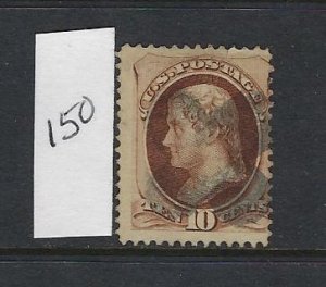 US #150  1870-71 JEFFERSON 10 CENT (BROWN-NO SECRET MARK) - PERF 12- USED