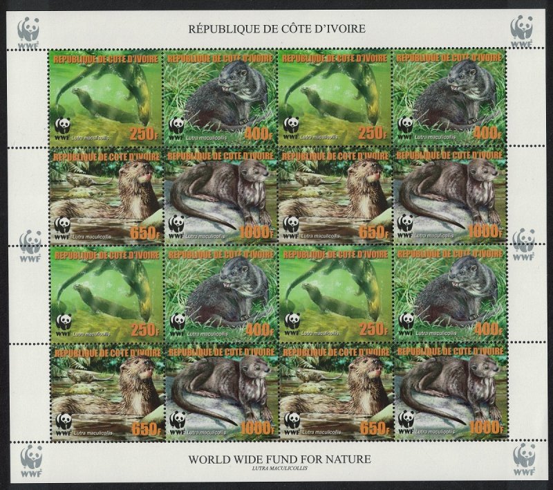 Ivory Coast WWF Speckle-throated Otter Sheetlet of 4 sets reprint 2005 Def